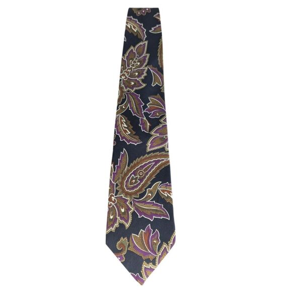EUC Christian Dior 100% Silk Black Burgundy Gold Paisley Neck Tie Quiet Luxury - Picture 2 of 5